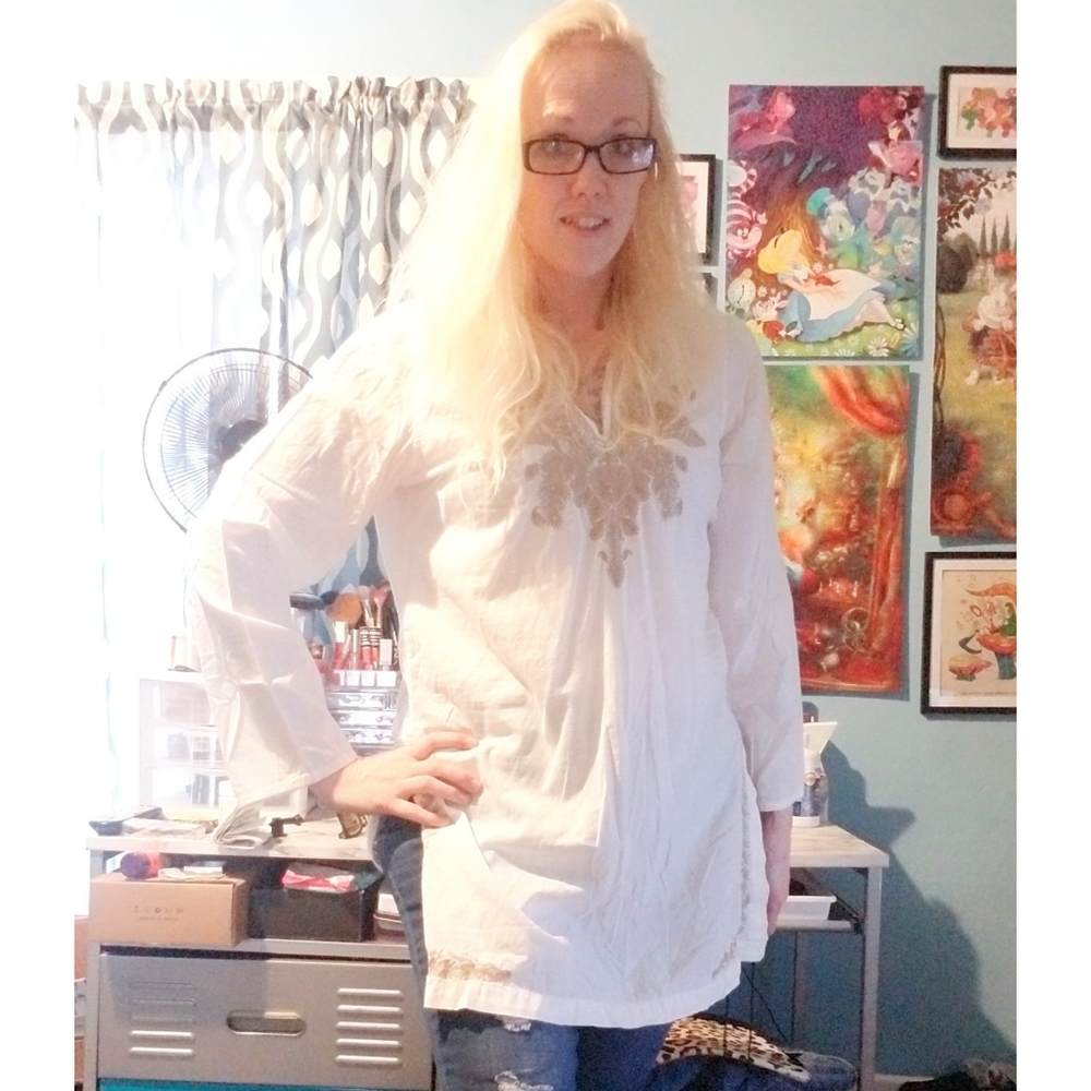 Womens White Tunic Top With Gold Flower Details XL